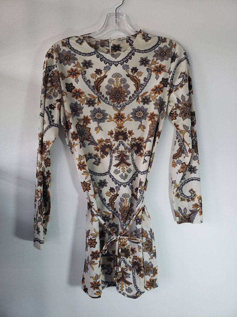 Vintage Mod Floral Cream + Gold Baroque Print Long Sleeve Dress W/ String Belt